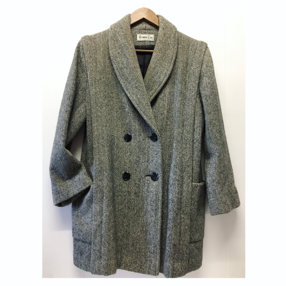 Herman Kay | Vtg Gray + Black Herringbone Coat •